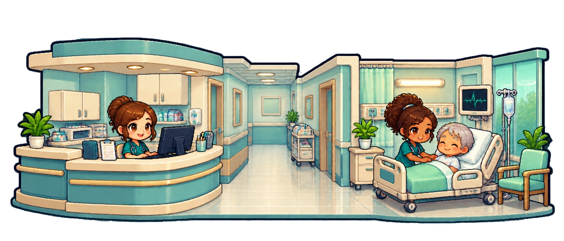 A hospital with a nurse station, an open corridor, and a nurse caring for an older patient